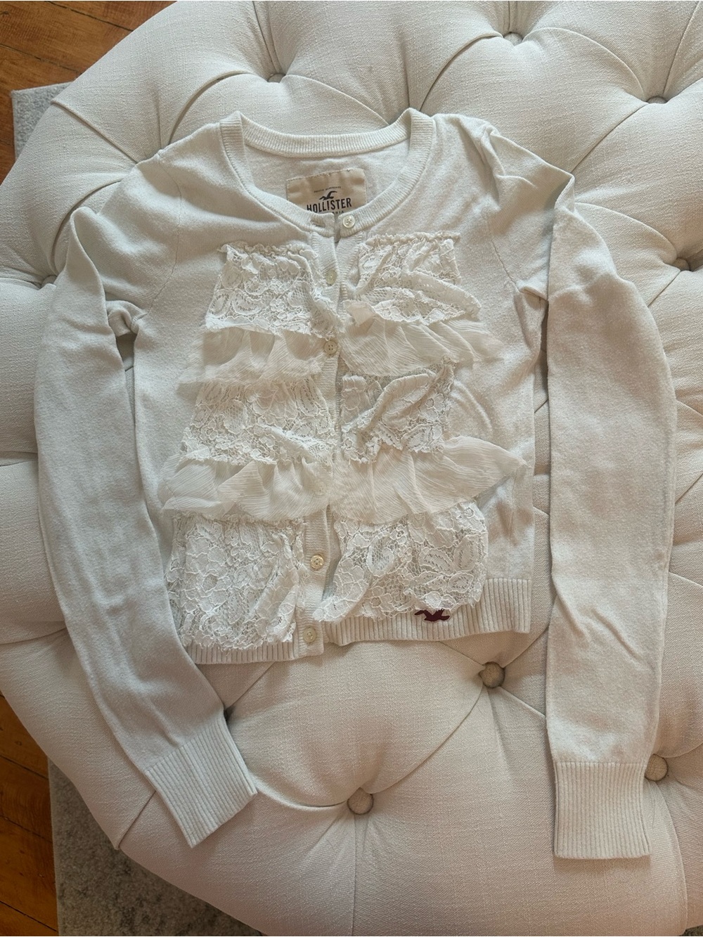 Hollister Cream Lace & Ruffle Cardigan Sweater